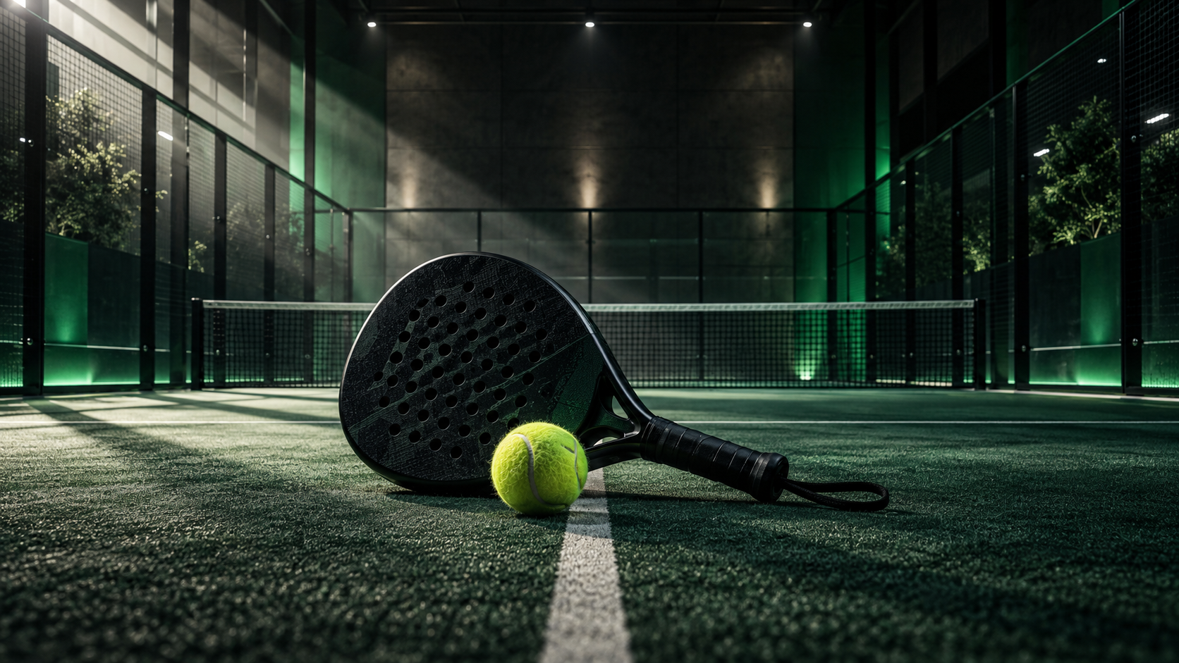 Pala y pelota en una pista de pádel